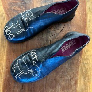 CAMPER Twins Dog Cat Womens Shoes Size 38 US 7.5 Black Leather Slip On Loafer